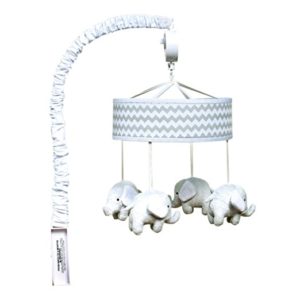 a gray and white mobile with elephants