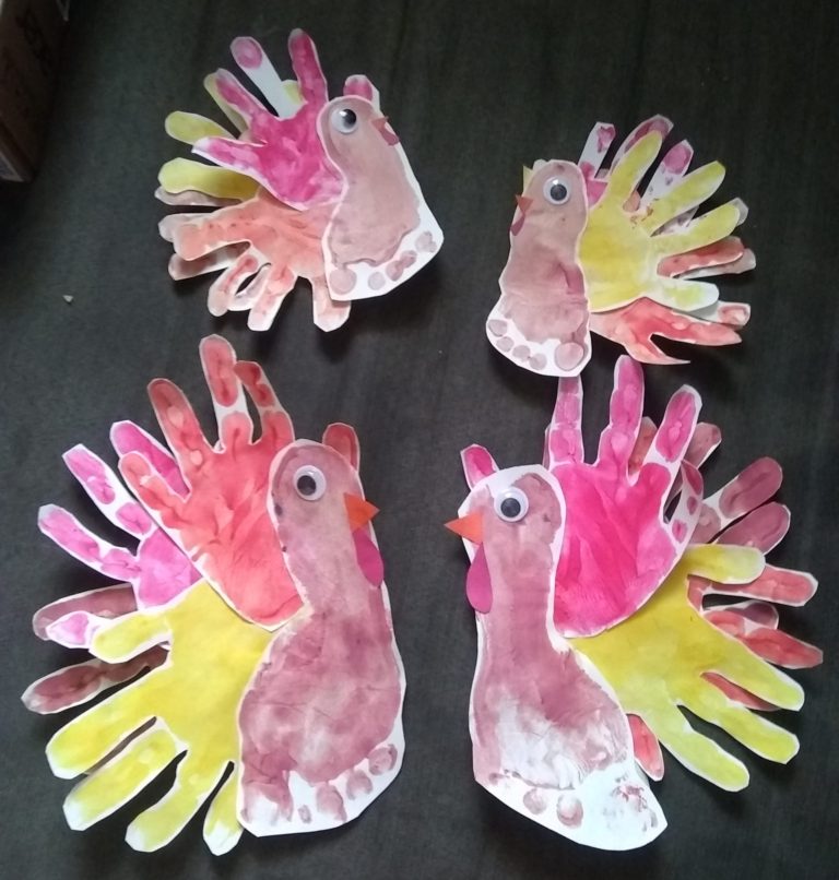 Product art example, hand and foot print turkeys