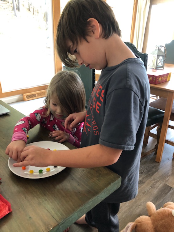 two children arrange colored skittles around the edge of a white plate